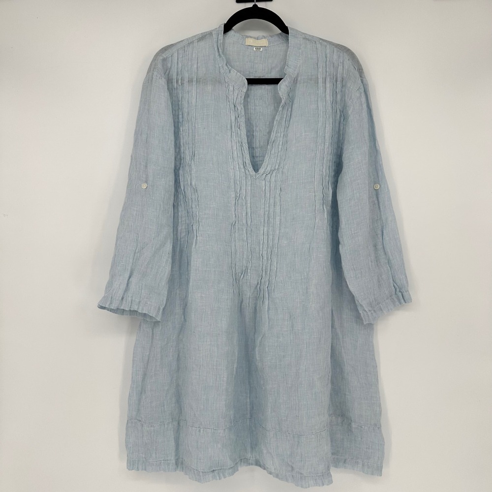 CP Shades 100% Linen Blue Regina Tunic Pintuck Top Dress Lagenlook Coastal L